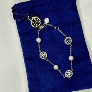Tory Burch Silver Logo & White Pearl Chain Bracelet